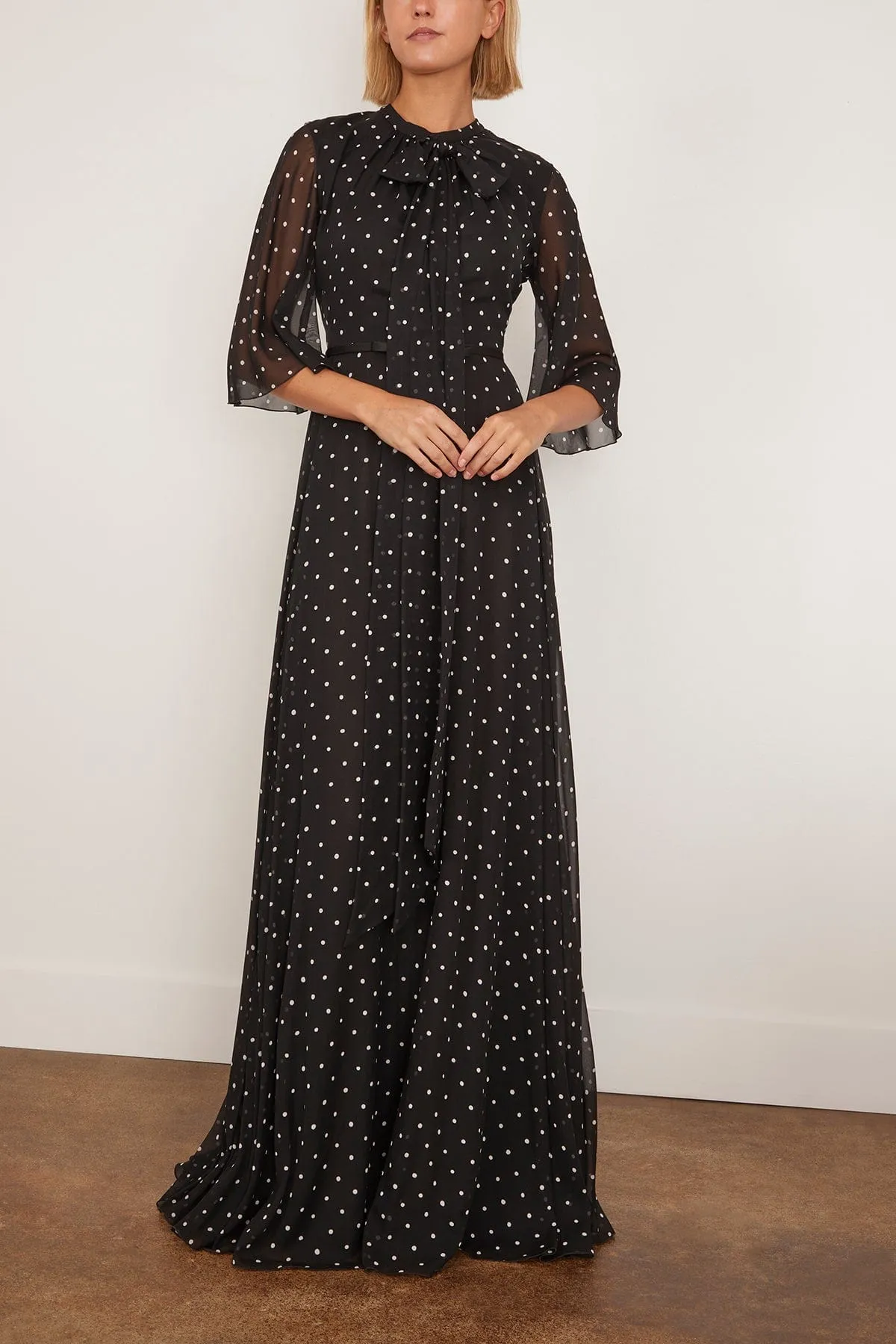 Long Silk White Polka Dots Dress in Black sold by Hampden Clothing product image thumbnail 3