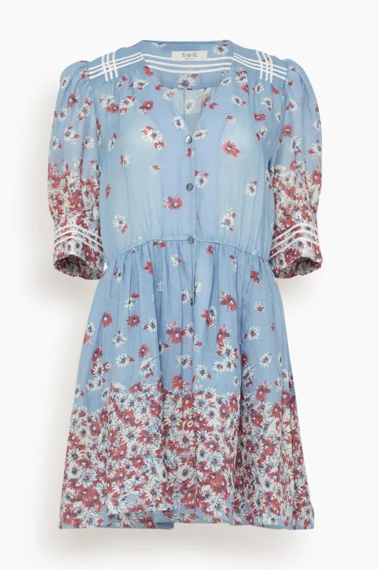 Whitney Print Puff Short Sleeve Mini Dress In Blue sold by Hampden Clothing