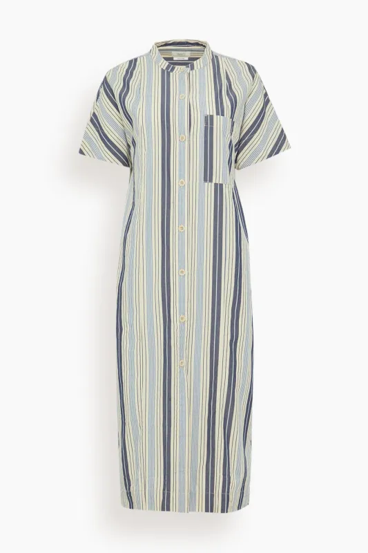 Drawstring Waist Stripe Cotton Shirt Dress in Ecru/Mixed Blues sold by Hampden Clothing