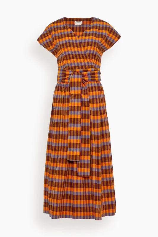 Check Cotton Linen Wrap Dress in Spice Multi made by Hampden Clothing