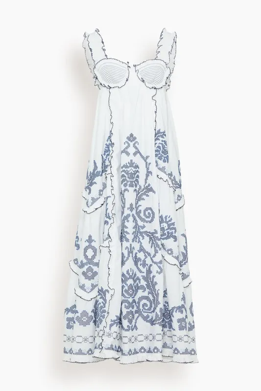 Hazel Smocked Embroiderd Midi Dress in White made by Alemais