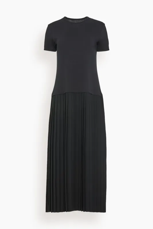 Short Sleeve Midi Dress with Pleated Skirt in Black sold by Hampden Clothing