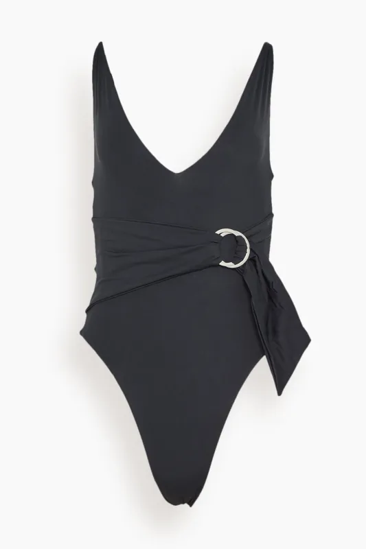 Niya Deep V Tie Waist One Piece Swimsuit in Black made by Simkhai