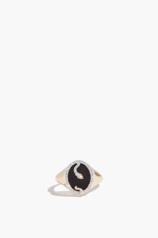 Onyx and Diamond Oval Snake Signet Ring in 14k Yellow Gold made by Adina Reyter