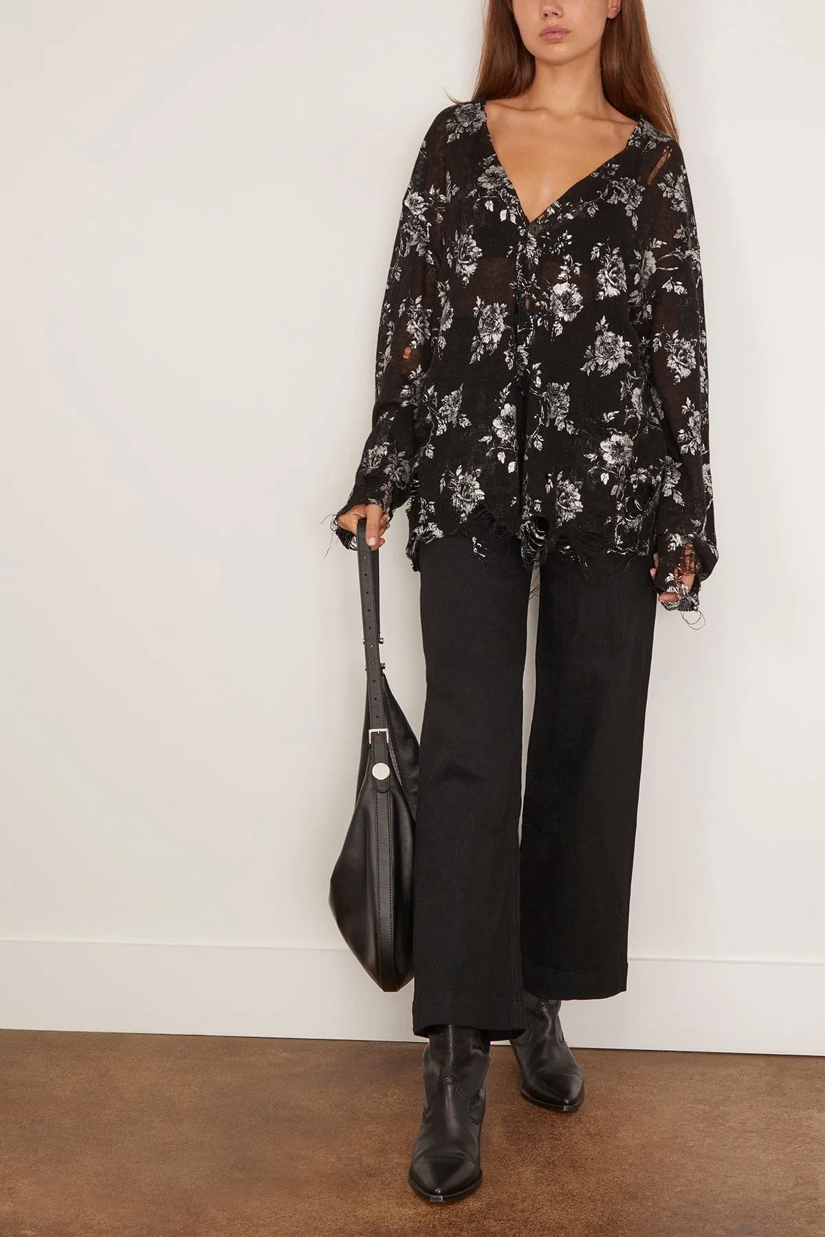 Printed Boyfriend Cardigan in Silver Floral on Black sold by Hampden Clothing product image thumbnail 2