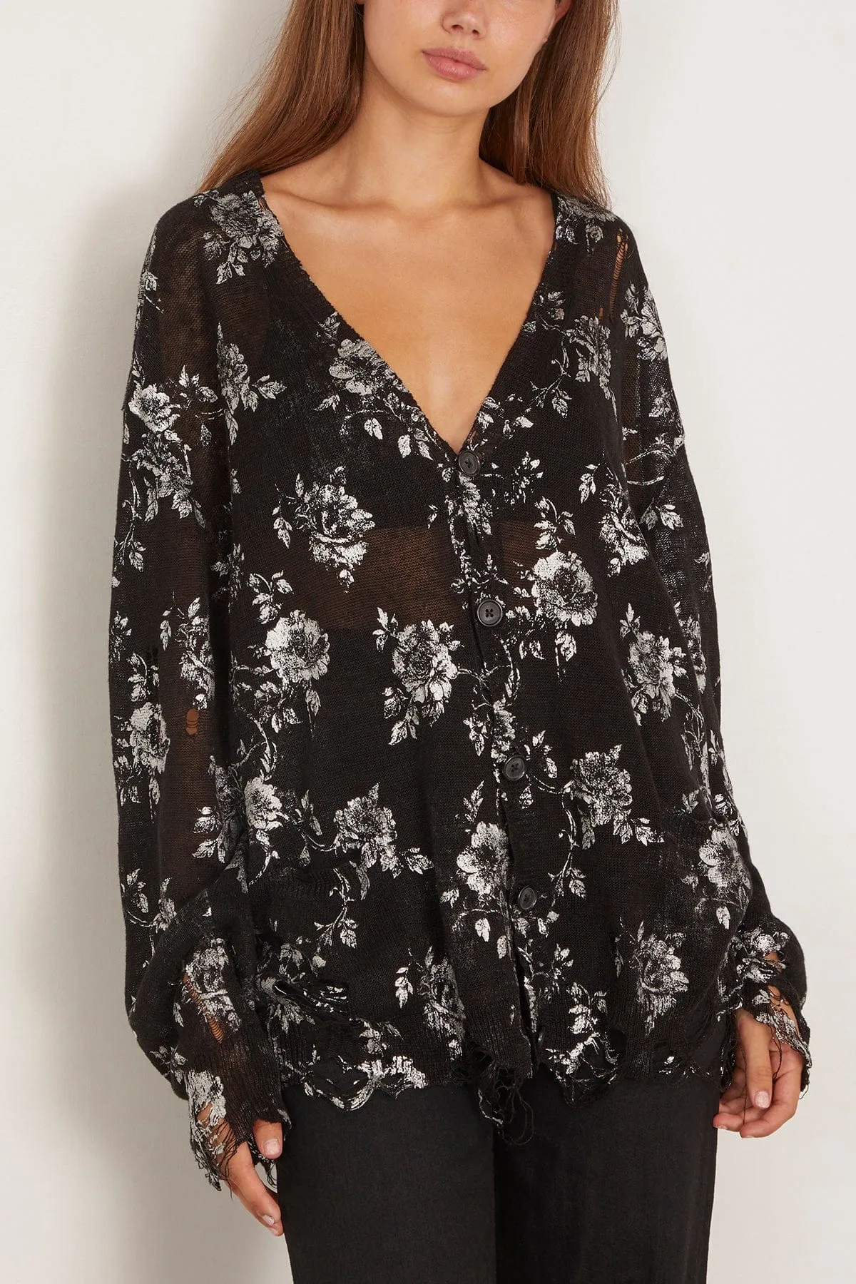 Printed Boyfriend Cardigan in Silver Floral on Black sold by Hampden Clothing product image thumbnail 3