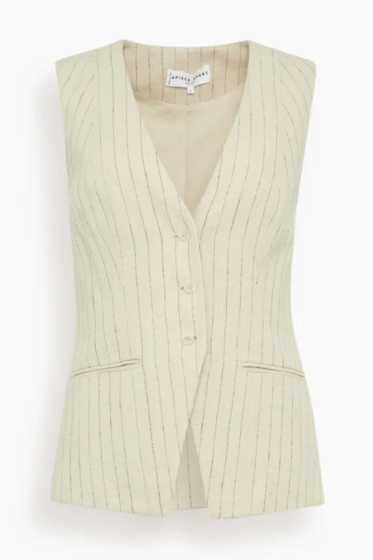 Helena V-Neck Vest in Striped Flax sold by Hampden Clothing
