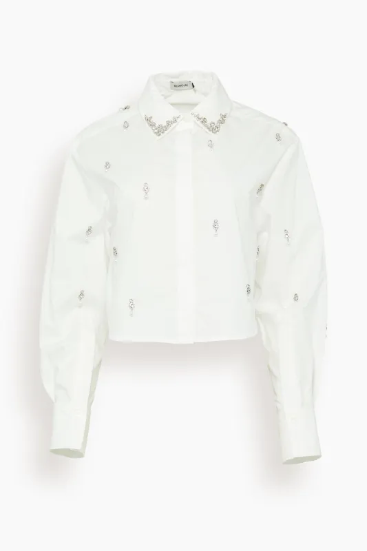 Renata Embellished Cropped Button Down Shirt in White sold by Hampden Clothing
