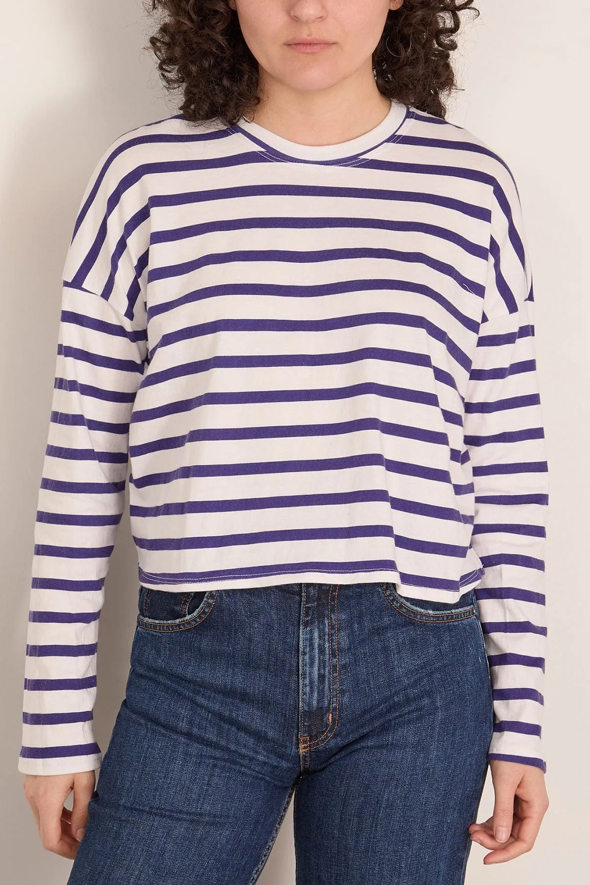 Cropped Long Sleeve Tee in Navy Thin Stripe sold by Hampden Clothing product image thumbnail 3