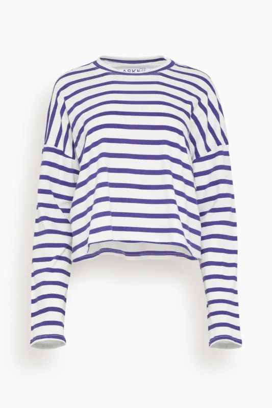 Cropped Long Sleeve Tee in Navy Thin Stripe sold by Hampden Clothing