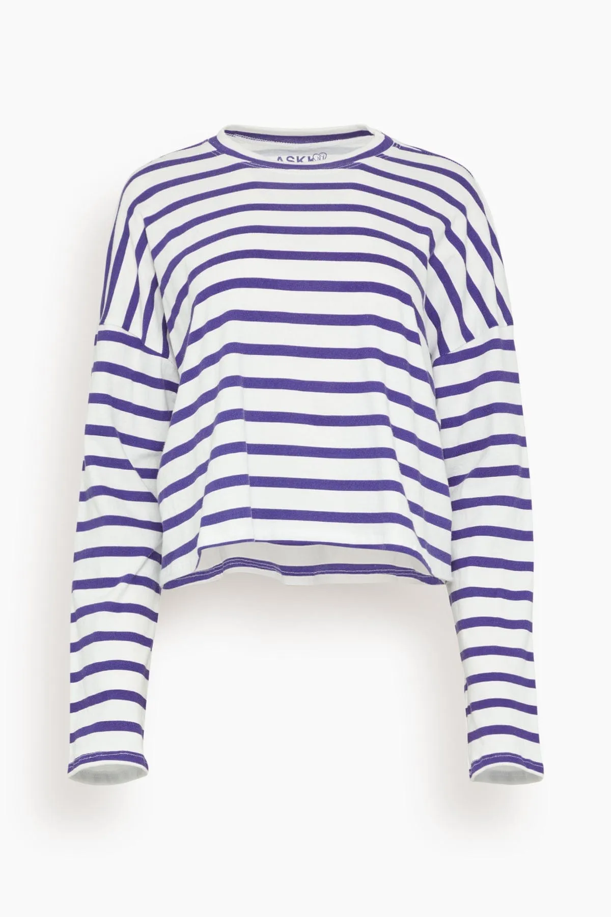 Cropped Long Sleeve Tee in Navy Thin Stripe sold by Hampden Clothing