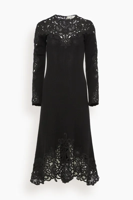 Adelina Battenberg Lace Long Sleeve Knit Midi Dress in Black made by Sea