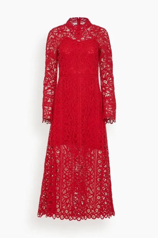 Adelina Battenberg Lace Long Sleeve Maxi Dress in Red made by Sea