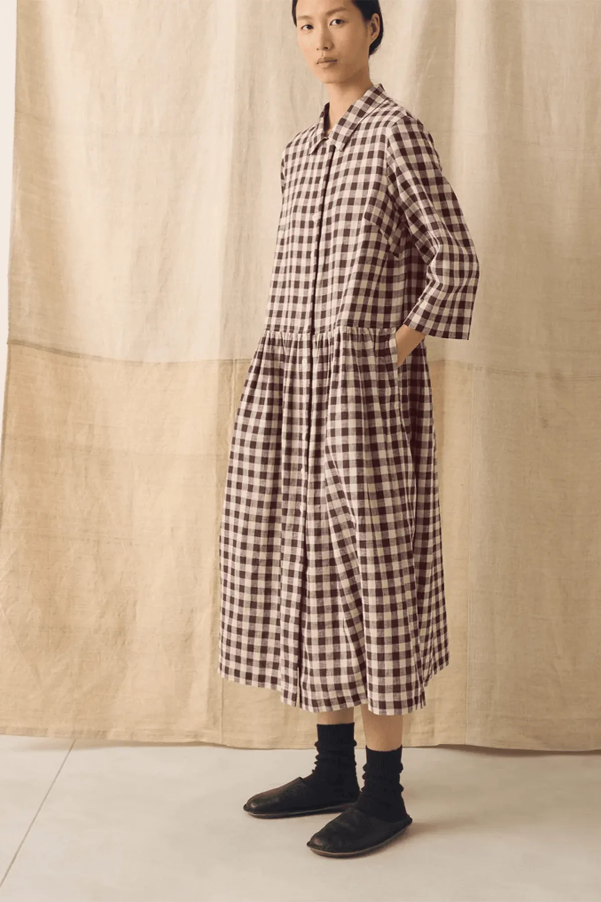 Check Linen Cotton Shirt Dress in Dark Chocolate sold by Hampden Clothing product image thumbnail 5