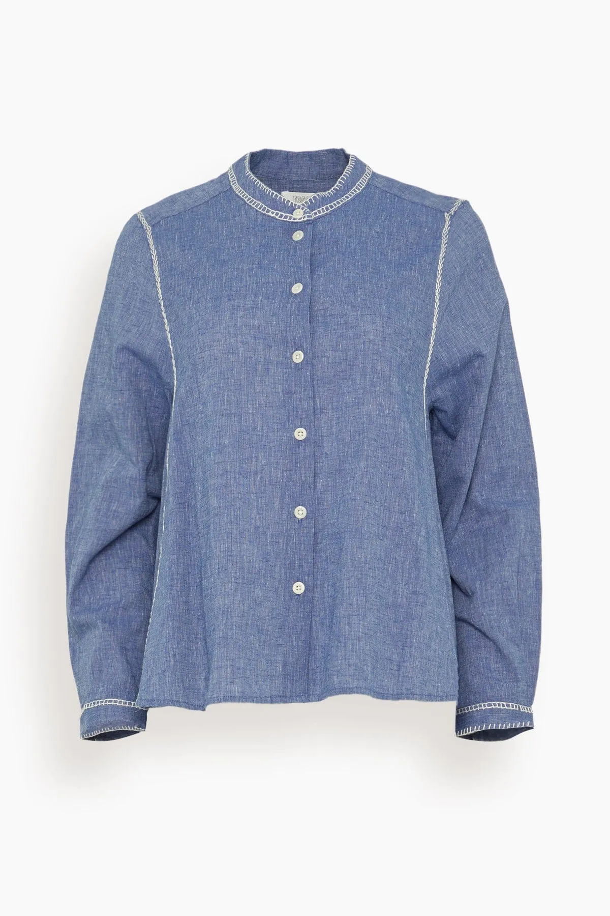 Embroidered Cotton Linen Chambray Shirt in Chambray Blue sold by Hampden Clothing