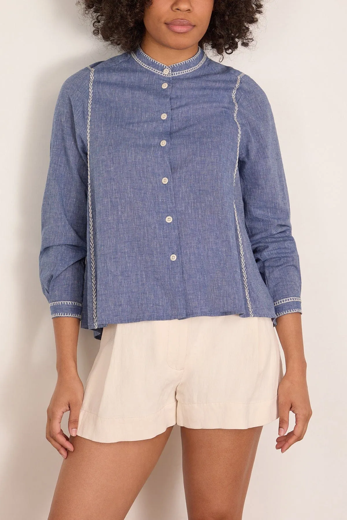 Embroidered Cotton Linen Chambray Shirt in Chambray Blue sold by Hampden Clothing product image thumbnail 3