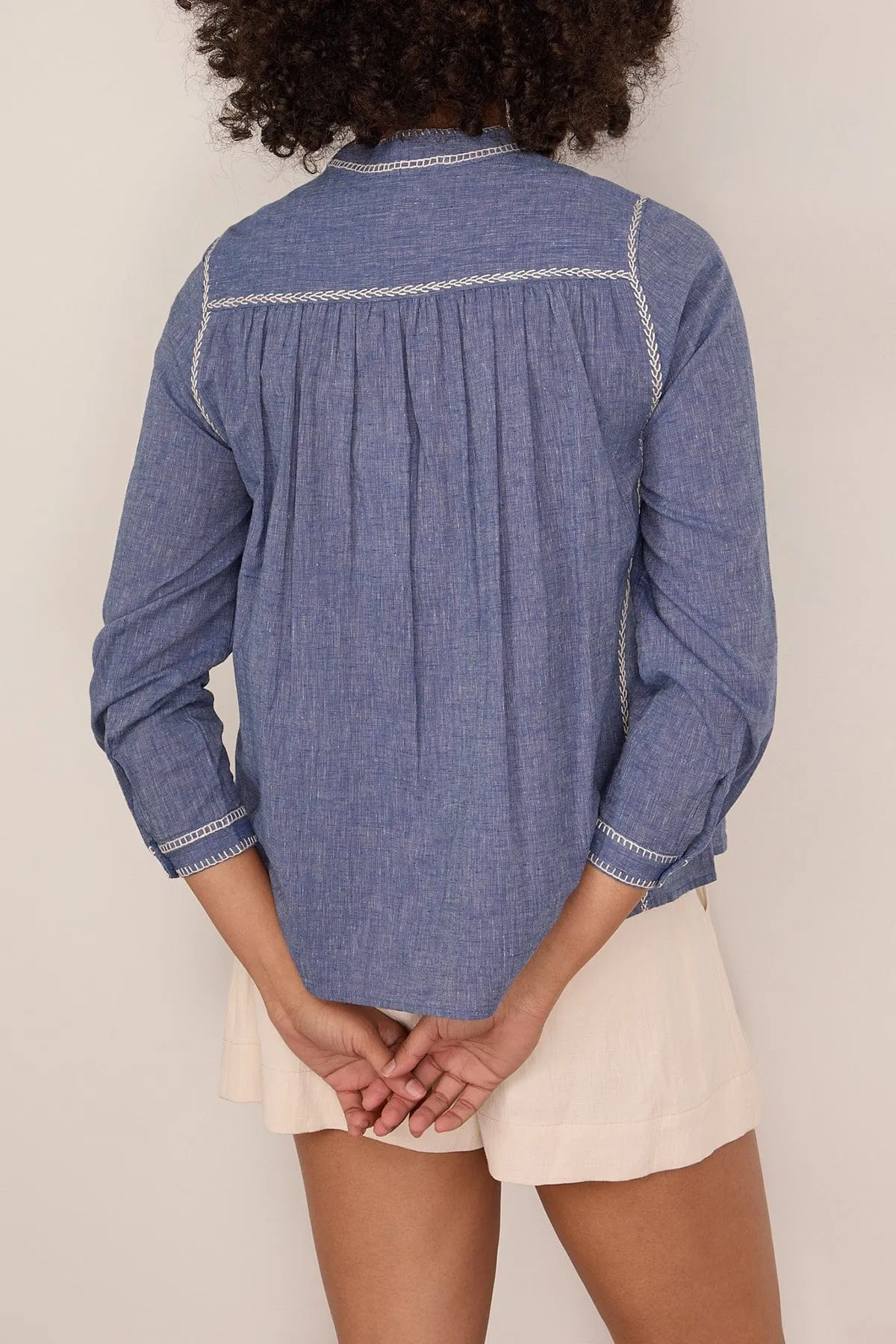 Embroidered Cotton Linen Chambray Shirt in Chambray Blue sold by Hampden Clothing product image thumbnail 4