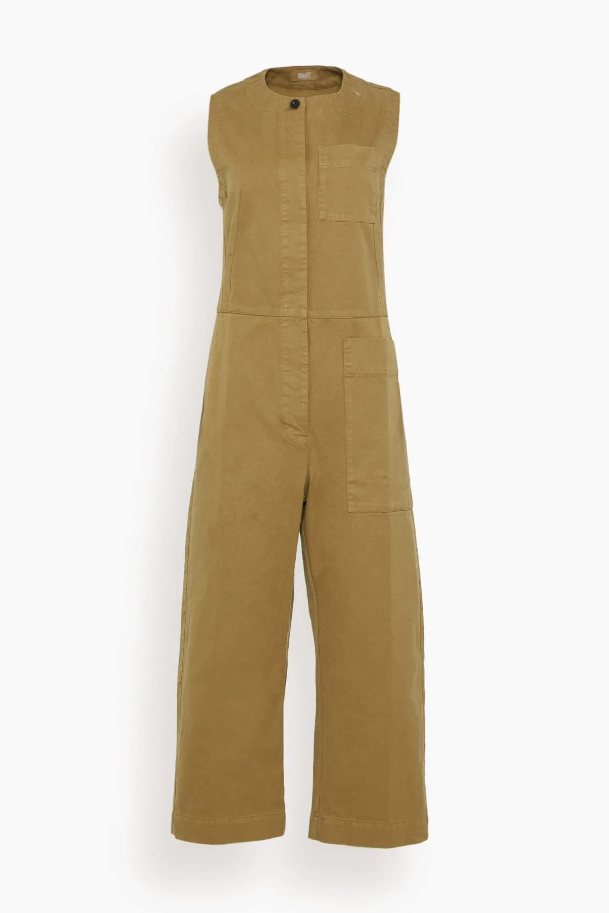 Sleeveless Cotton Twill Jumpsuit in Olive Leaf sold by Hampden Clothing