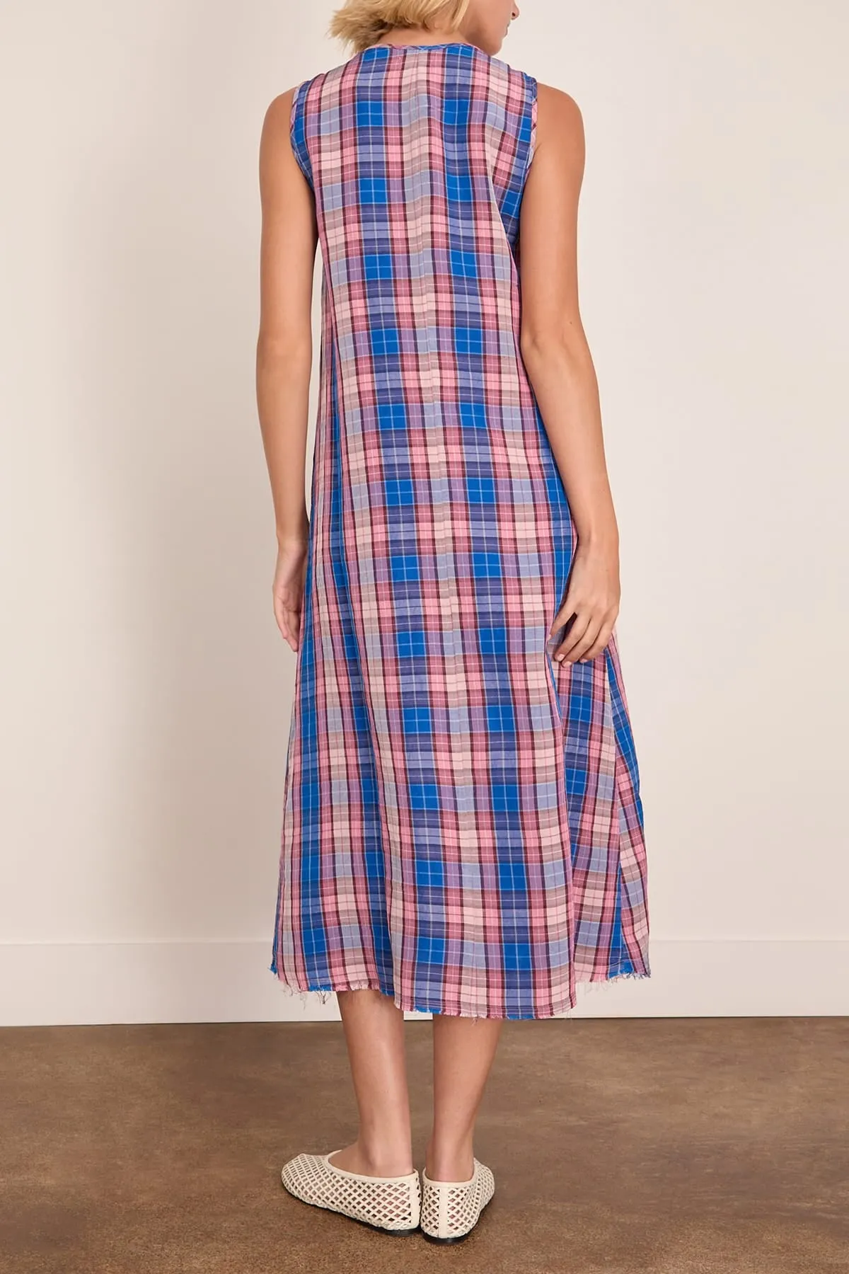 Sleeveless Midi Dress with Ruffles in Blue Pink Plaid sold by Hampden Clothing product image thumbnail 4
