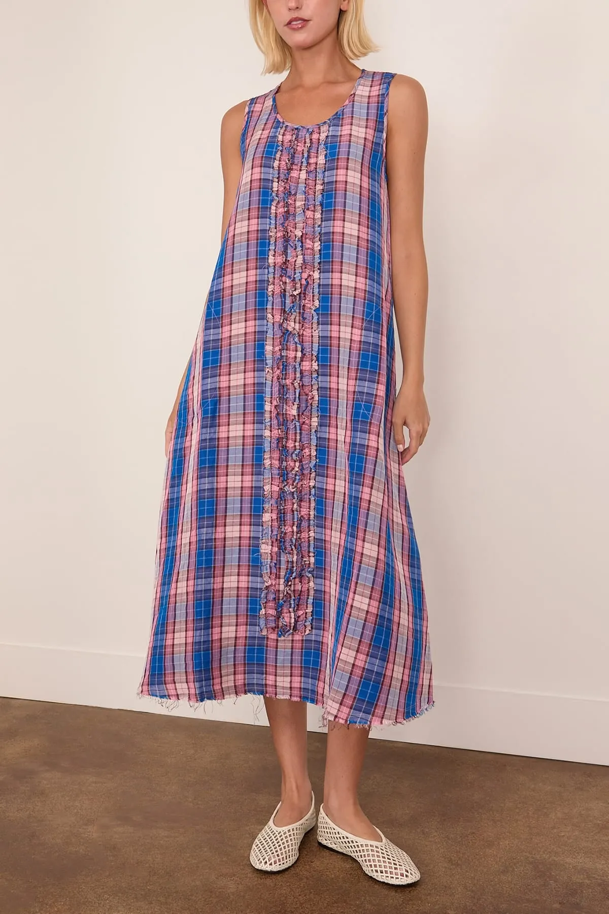 Sleeveless Midi Dress with Ruffles in Blue Pink Plaid sold by Hampden Clothing product image thumbnail 3