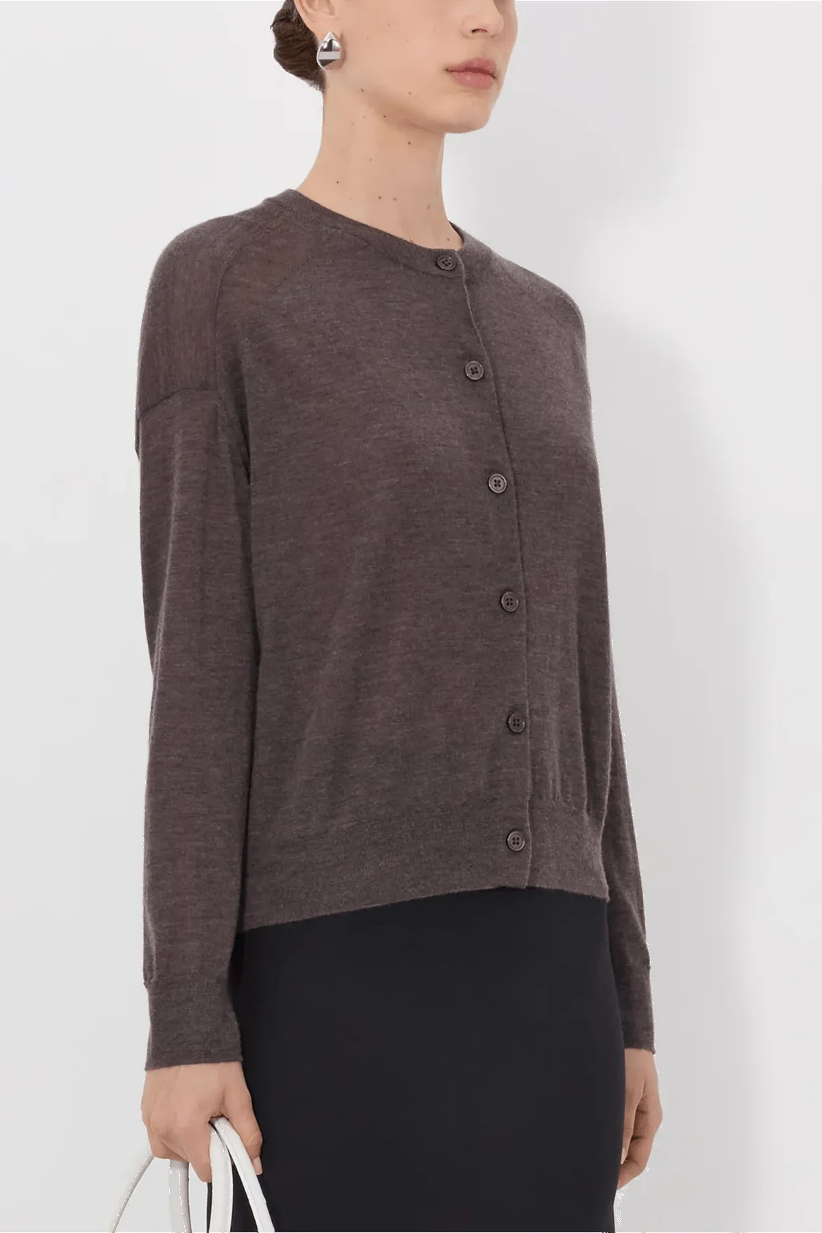 Kita Fine Crewneck Cardigan in Brown Melange sold by Hampden Clothing product image thumbnail 3