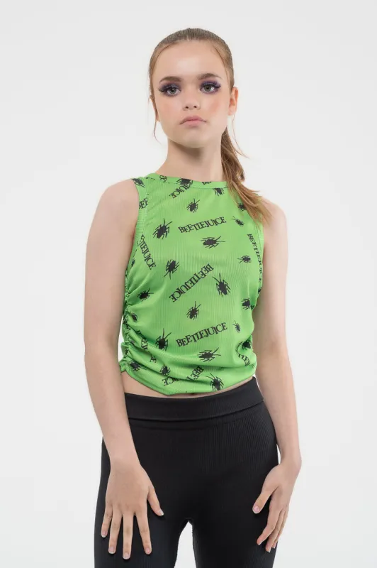Beetlejuice Vest Repeat Logo Ruched Side Cropped Womens Skinny Fit Green sold by Paradiso Clothing
