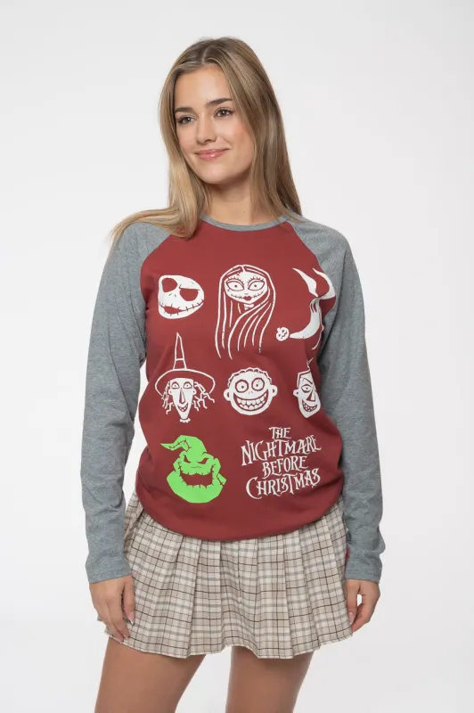 The Nightmare Before Christmas Stacked Faces Raglan Long Sleeve T Shirt sold by Paradiso Clothing