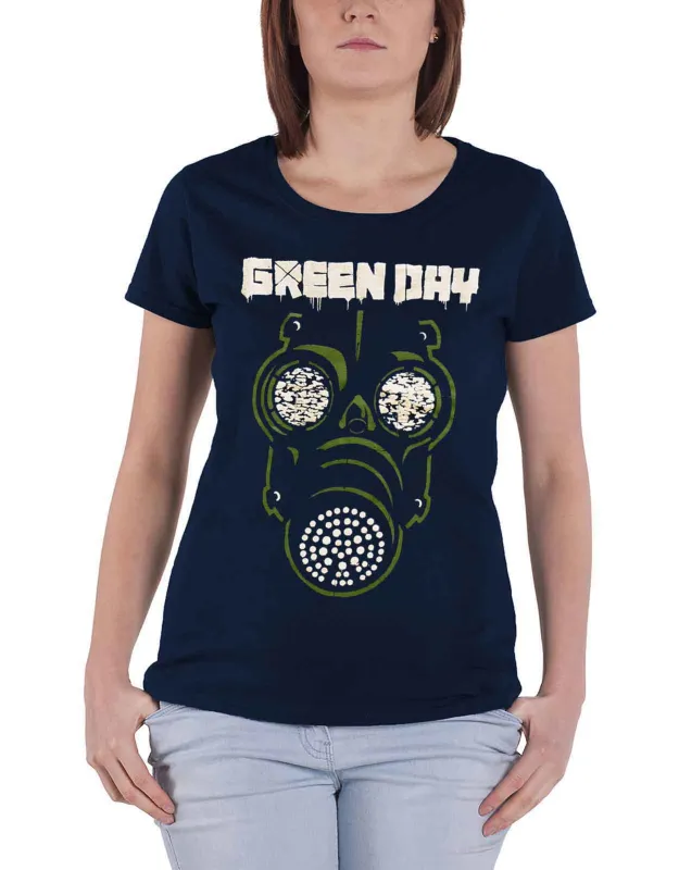 Green Day T Shirt Green Mask Band Logo new Official Womens Skinny Fit Navy Blue sold by Paradiso Clothing
