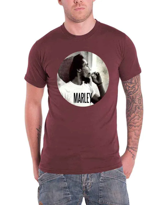 Bob Marley Maroon Smokin Joint Circle T Shirt sold by Paradiso Clothing