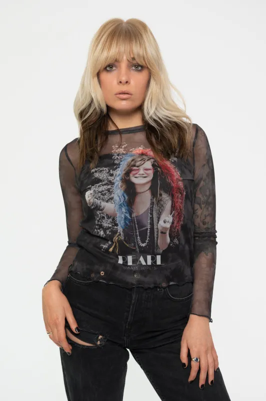 Janis Joplin Pearl Garden Long Sleeve Mesh Crop Top made by Paradiso Clothing