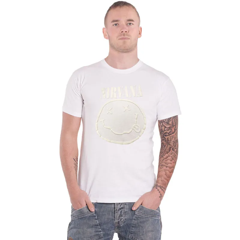 Nirvana Hi-Build White Grunge Smile T Shirt sold by Paradiso Clothing