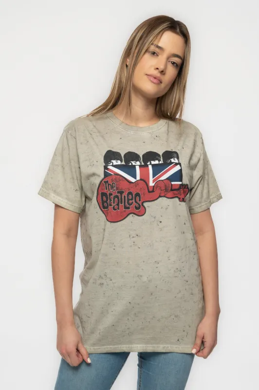 The Beatles Guitar And Flag Snow Wash T Shirt sold by Paradiso Clothing