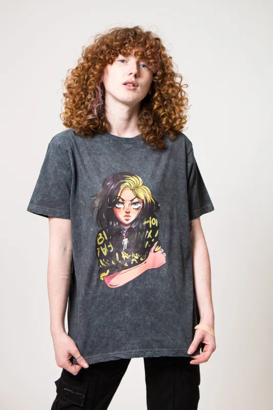 Billie Eilish Anime Billie Dip Dye Mineral Wash T Shirt sold by Paradiso Clothing