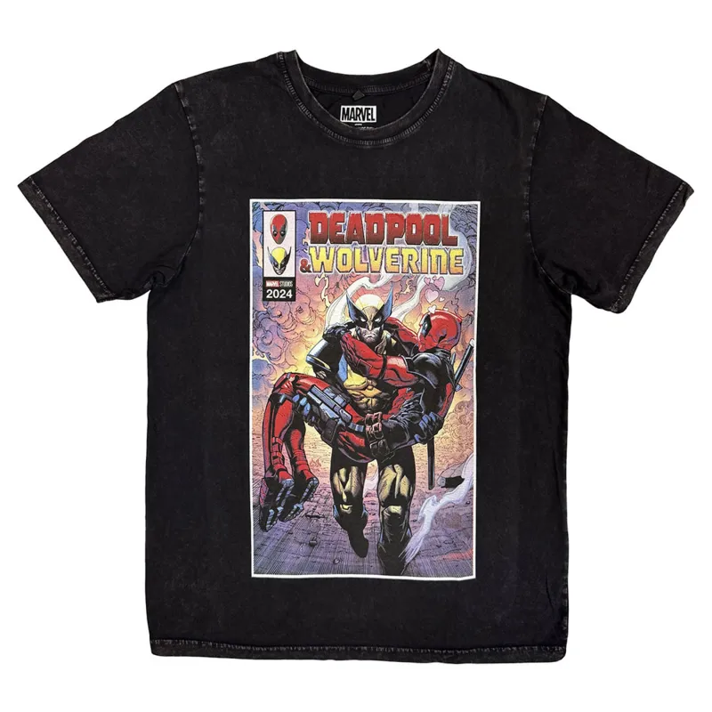 Marvel Comics Wolverine Carrying Deadpool Stone Wash T Shirt sold by Paradiso Clothing