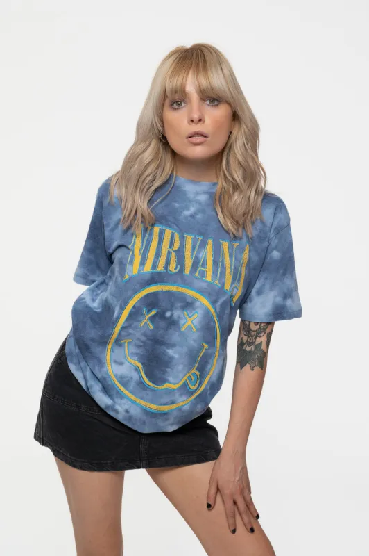Nirvana Blue Stroke Grunge Smile Dye Wash T Shirt made by NIRVANA