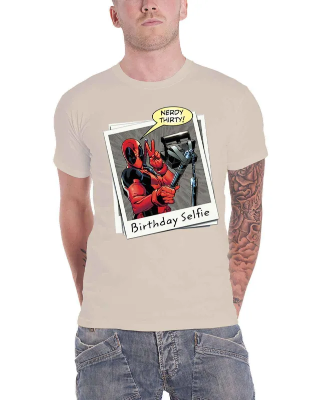 Deadpool T Shirt Birthday Selfie new Official Marvel Comics Mens Ecru made by Marvel