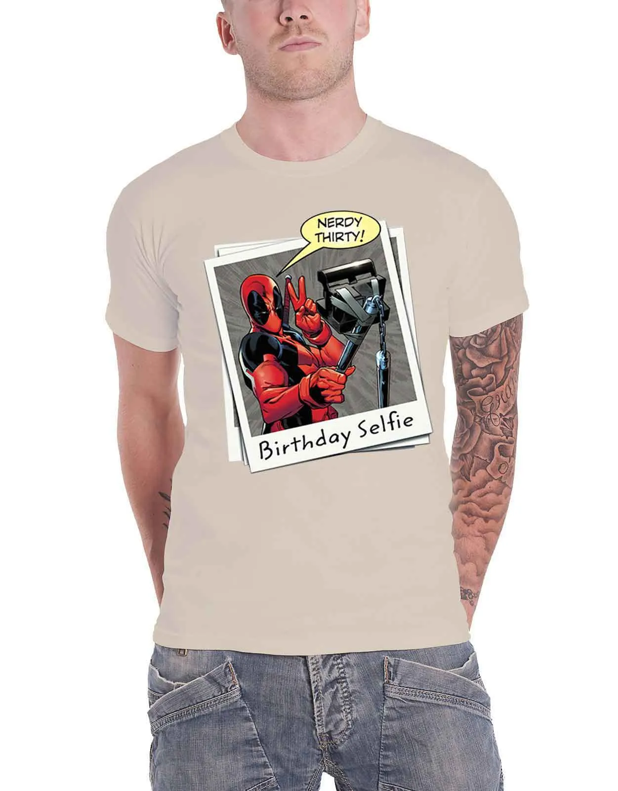 Deadpool T Shirt Birthday Selfie new Official Marvel Comics Mens Ecru sold by Paradiso Clothing