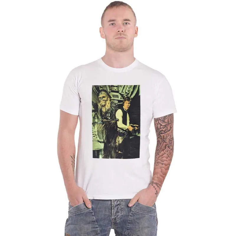 Star Wars T Shirt Chewbacca & Han Stare new Official Mens White made by Star Wars