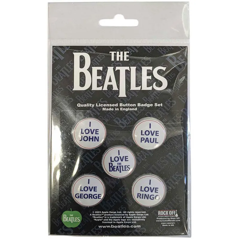 The Beatles I Love 5 Pack Button Badge Pack sold by Paradiso Clothing