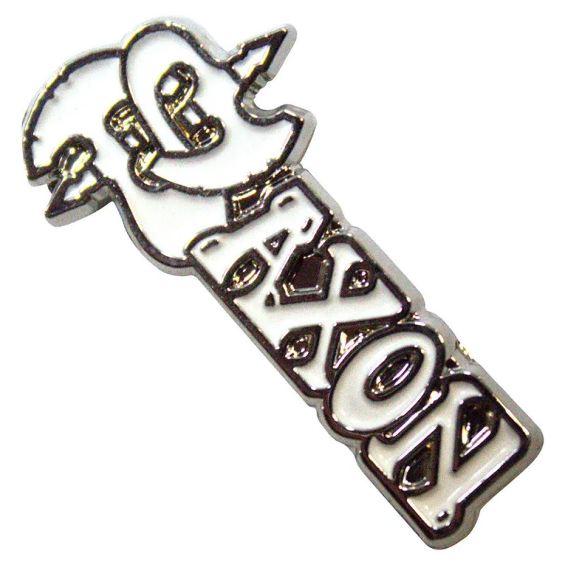 Saxon White Band Logo Pin Badge sold by Paradiso Clothing