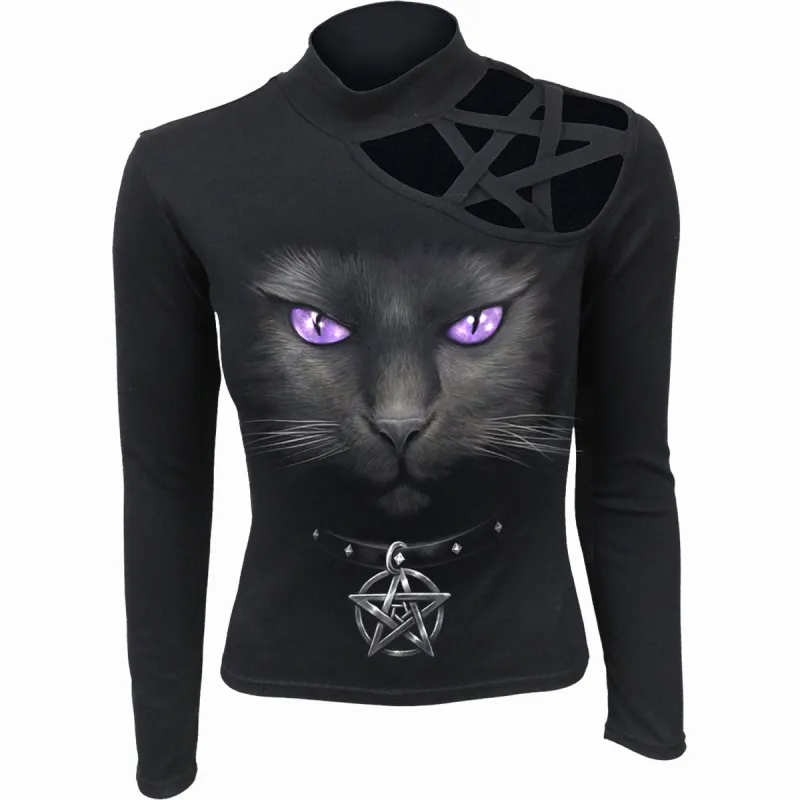Spiral - BLACK CAT - Pentagram Shoulder Longsleeve Top made by Paradiso Clothing