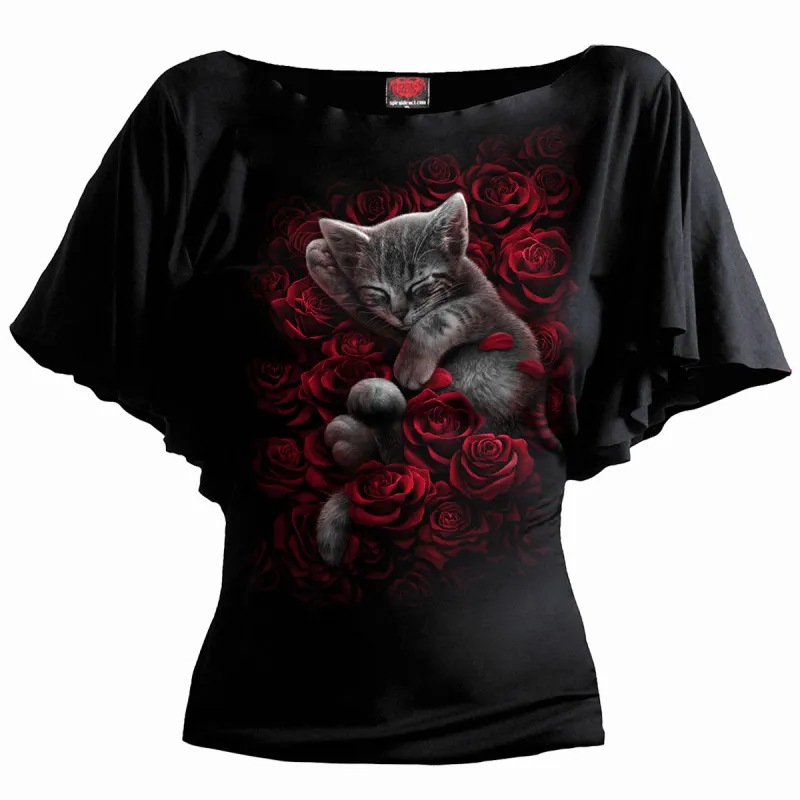 Spiral - BED OF ROSES - Boat Neck Bat Sleeve Top Black sold by Paradiso Clothing