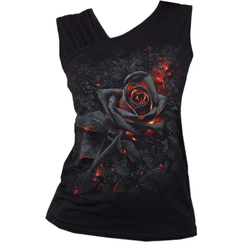 Spiral - BURNT ROSE - Gathered Shoulder Slant Vest Black sold by Paradiso Clothing