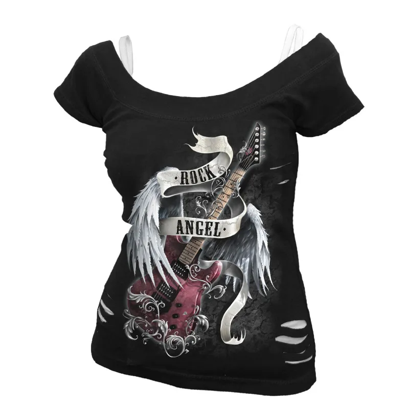 Spiral - ROCK ANGEL - 2in1 White Ripped Top Black sold by Paradiso Clothing