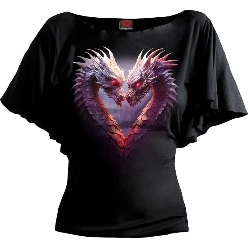 Spiral - HEART OF DRAGONS - Boat Neck Bat Sleeve Top Black sold by Paradiso Clothing