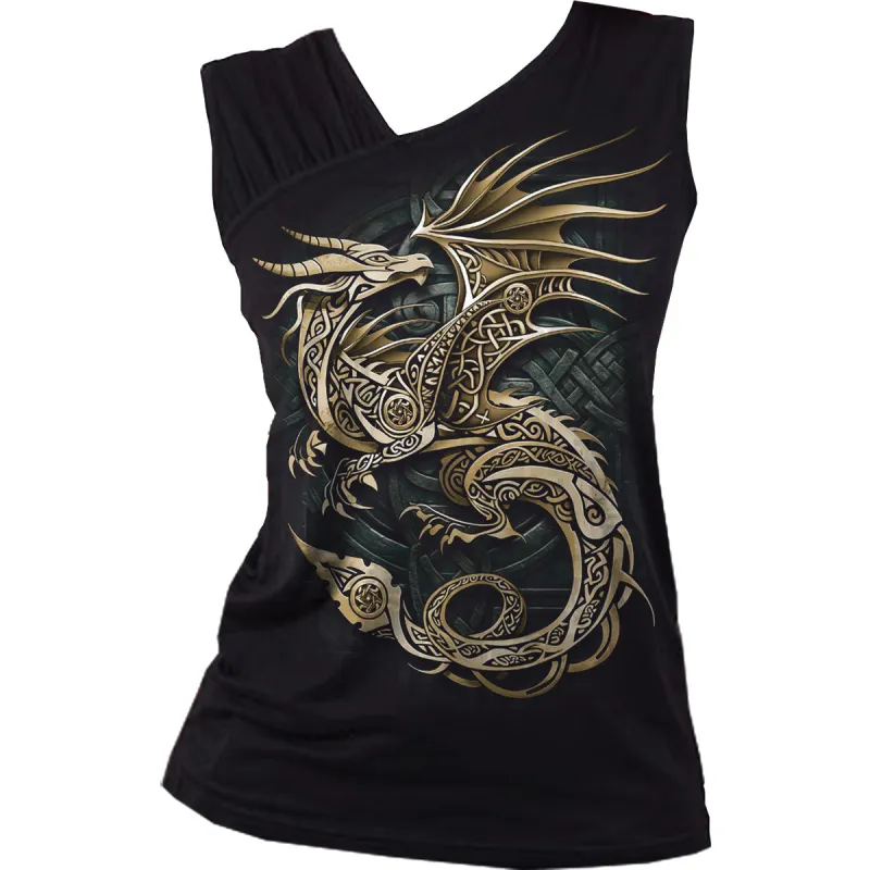 Spiral - CELTIC DRAGON - Gathered Shoulder Slant Vest Black sold by Paradiso Clothing