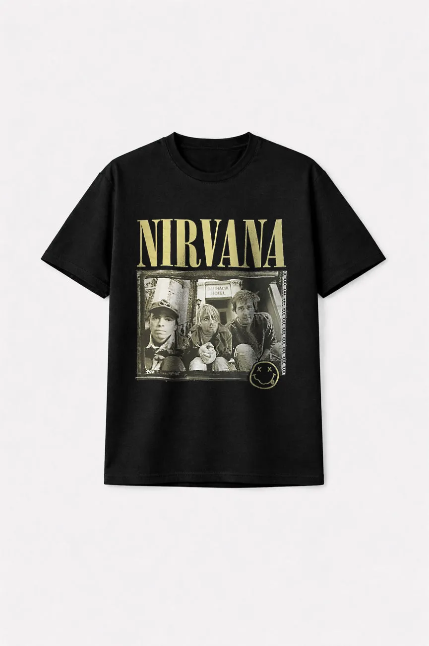 Nirvana Nevermind 91 Hotel Photo Premium Carbon Finish T Shirt sold by Paradiso Clothing