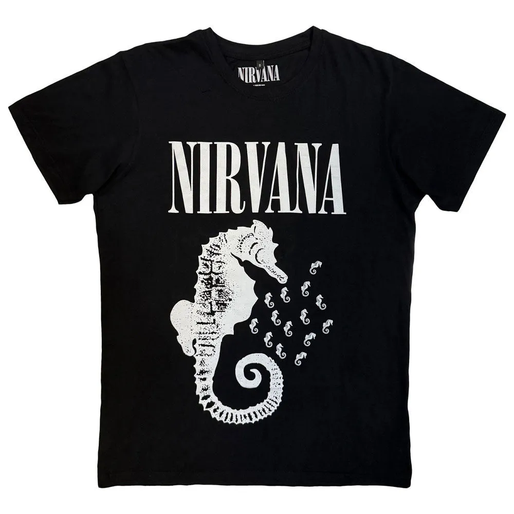 Nirvana Seahorse And Logo Mono Premium Carbon Finish T Shirt sold by Paradiso Clothing