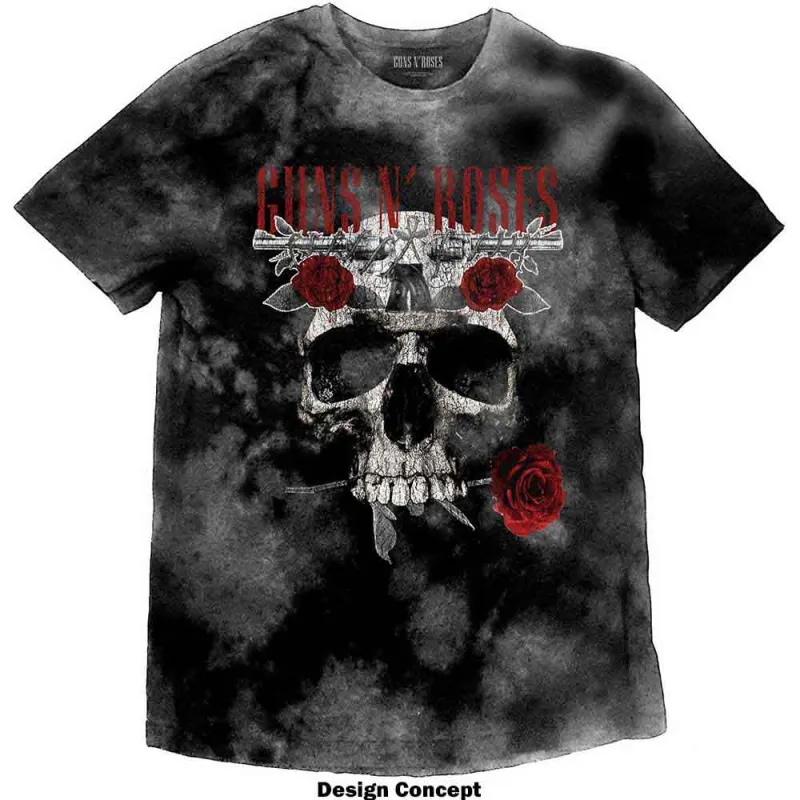 Guns N' Roses Unisex T-Shirt: Flower Skull (Dip-Dye On Grey) (Wash Collection) made by Paradiso Clothing