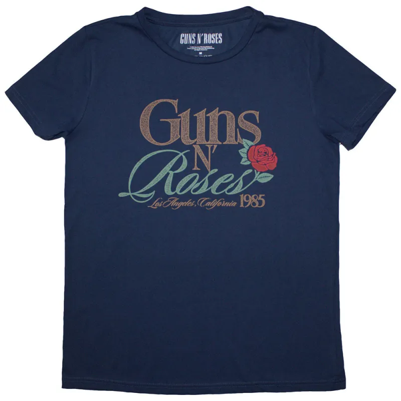 Guns N' Roses Ladies T-Shirt: California 1985 (Denim Blue) made by Paradiso Clothing